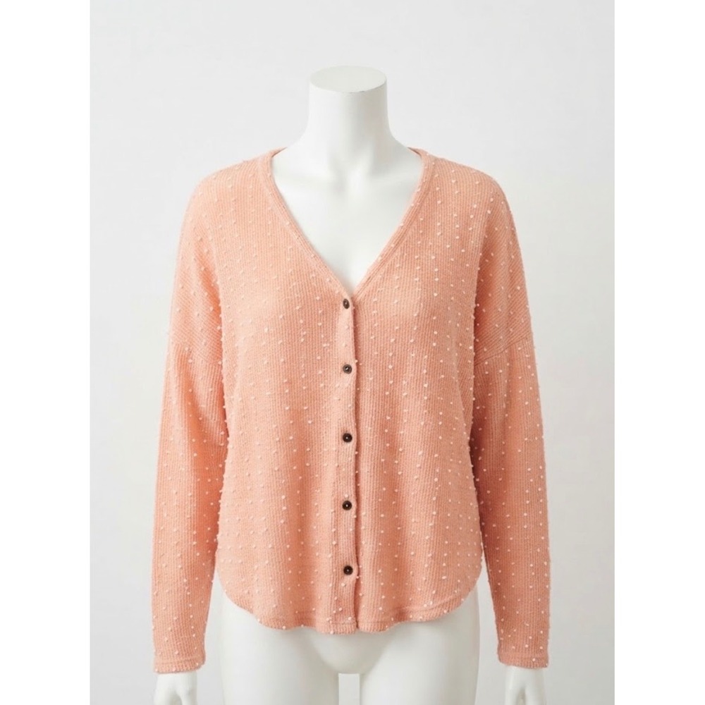 Peach Cotton Blend V Neck Button Down Cardigan Sweater XL Cottagecore Swiss Dot
